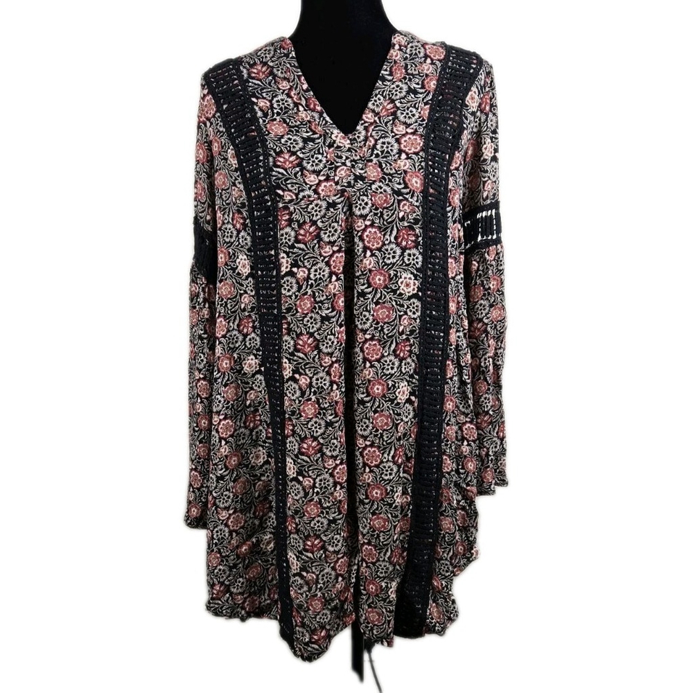 Knox Rose Boho Floral Tunic Top Size Small‎ Black Pink Long Sleeve Blouse Flawed